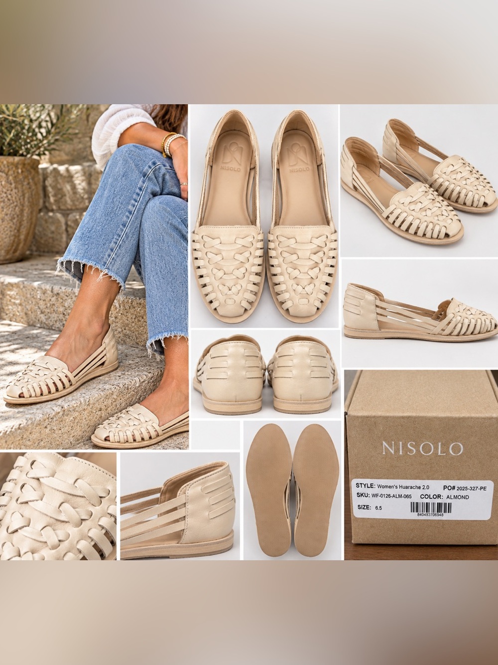 Nisolo Huarache 2.0 Almond Leather Sandals Size 7 NIB